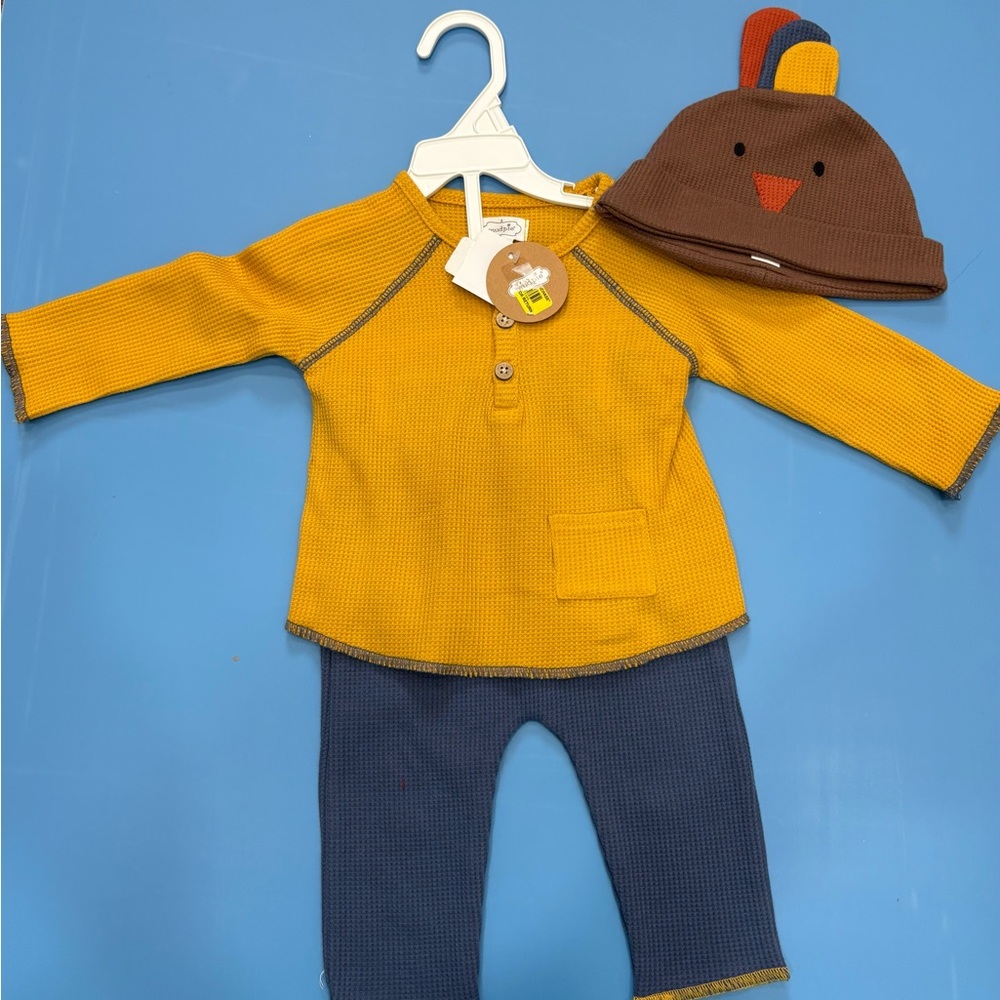 NWT Yellow and Blue Baby Outfit with Brown Hat